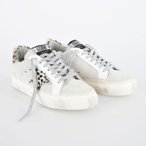 Golden Goose May Sneaker in White Suede & Leopard Star